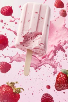 A strawberry popsicle with a splash of pink liquid. Generative AI.