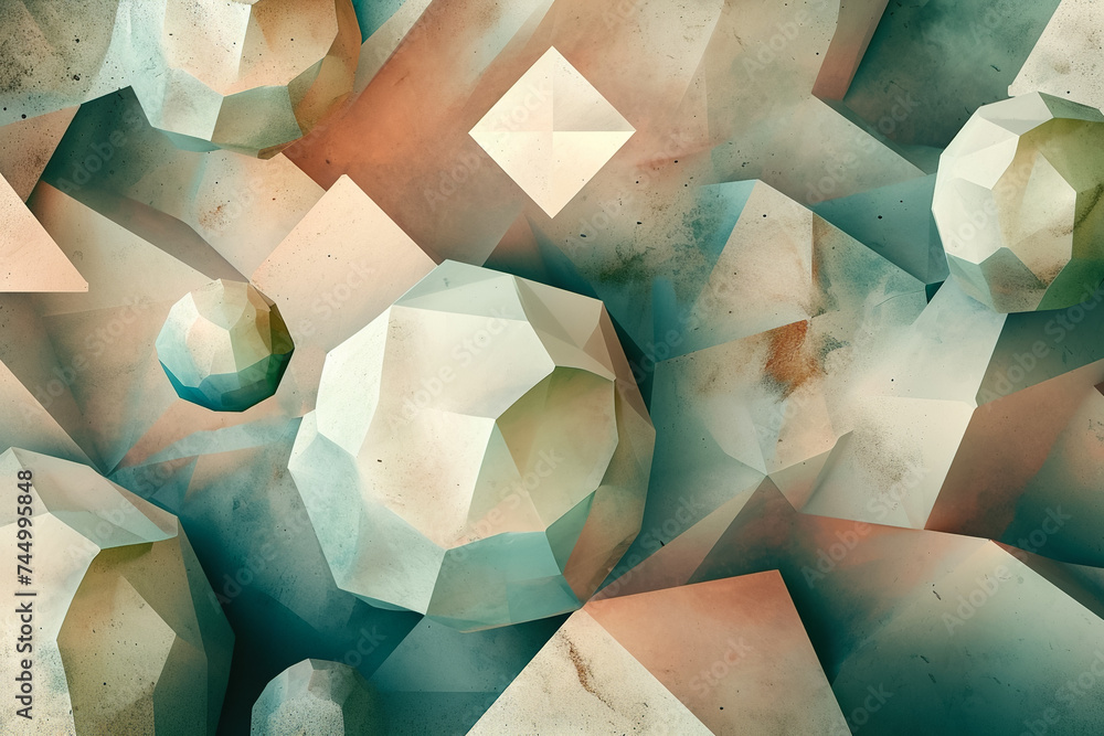 Poster a 3d geometric abstraction with a muted color scheme. the shapes are prisms and spheres