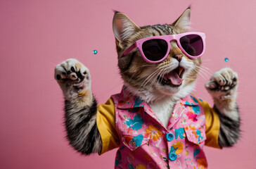 funny dancing cat isolated background - obrazy, fototapety, plakaty
