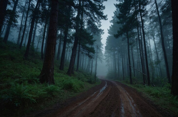 dirt road in the forest at night landscape - obrazy, fototapety, plakaty