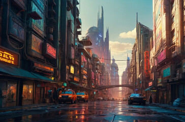 futuristic cityscape in the future watercolor