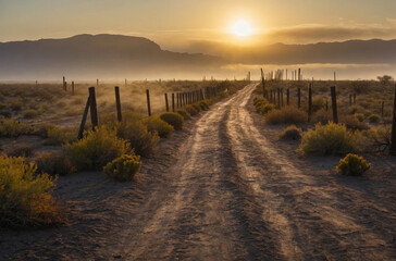 unset in the desert and drirt road landscape