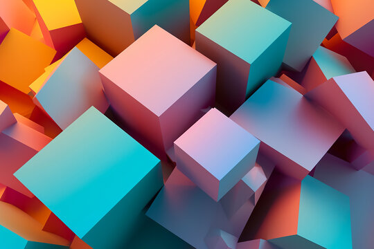 A 3D geometric abstraction with a gradient color scheme. The shapes are cubes and tetrahedrons