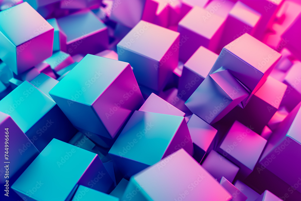 Poster a 3d geometric abstraction with a gradient color scheme. the shapes are cubes and tetrahedrons