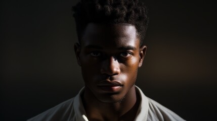 Obraz premium Close-up Studio Portrait of a young Handsome African American Man looking into the camera on a black background with shadows and light.