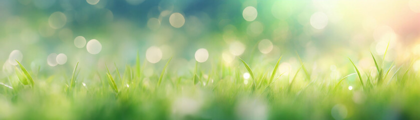 Fototapeta na wymiar Close-up of fresh green grass with dew on a blurred bokeh lights background