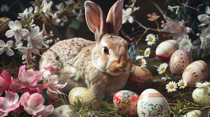 Beautiful festive Easter background with the main attributes of the holiday with copy space. AI Generated