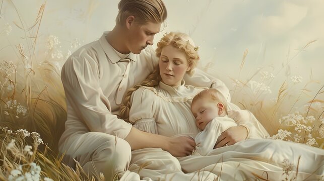 Serene family moment in a meadow, young parents with newborn. soft, warm tones depict tender care. ideal for lifestyle themes. AI