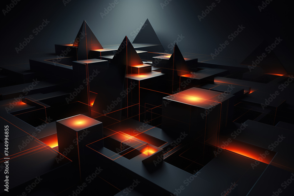 Poster a 3d geometric abstraction with a dark color scheme. the shapes are cubes and pyramids