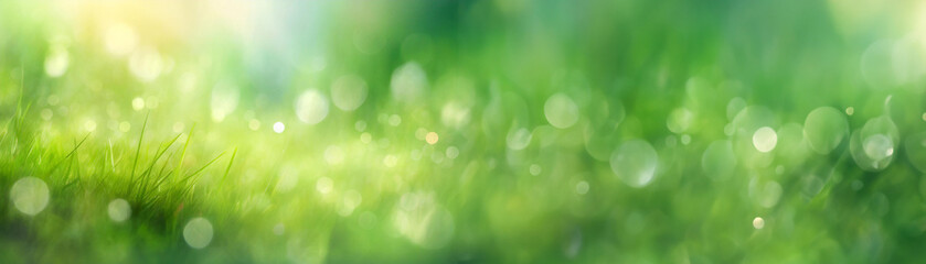 Obraz premium Close-up of fresh green grass with dew on a blurred bokeh lights background