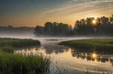 Fototapeta na wymiar morning sunlight in the meadow and lake landscape
