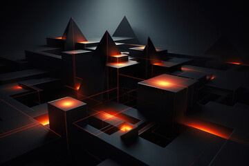 A 3D geometric abstraction with a dark color scheme. The shapes are cubes and pyramids