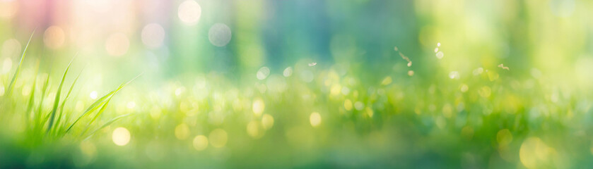Fototapeta premium Close-up of fresh green grass with dew on a blurred bokeh lights background