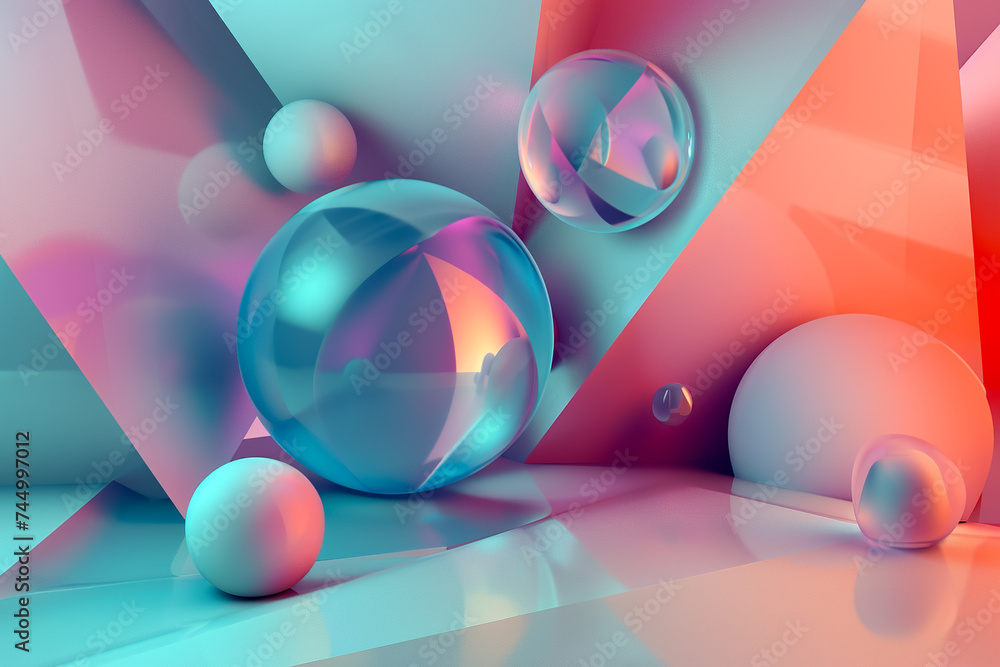 Poster a 3d geometric abstraction with a cool color scheme. the shapes are cones and spheres