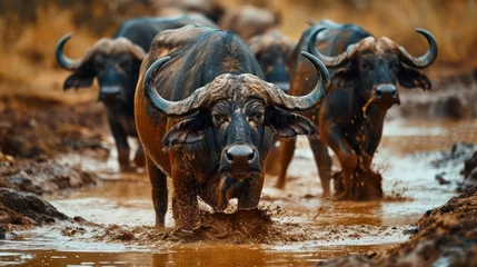 Deurstickers delightful image of buffaloes reveling in a mud pool, capturing their social dynamics and rugged beauty © Tina