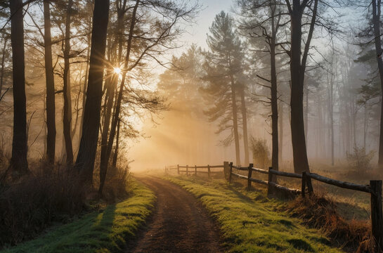 morning sunlight in the forest and dirt road landscape