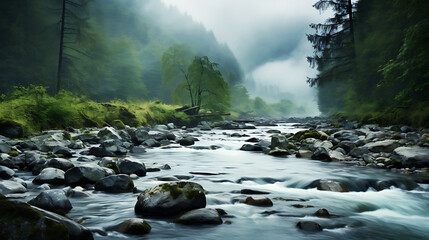 Show me a captivating view of stones in a mountain stream with a misty backdrop.