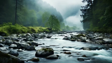  Show me a captivating view of stones in a mountain stream with a misty backdrop. © Muhammad