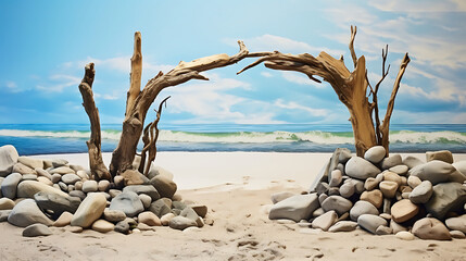 Show me a picturesque beach scene with stones and driftwood. - obrazy, fototapety, plakaty