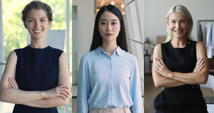 Collage of three young and middle-aged multiethnic models businesswomen, vertical portraits. Beautiful and confident Asian and Caucasian women in casual clothes posing indoor smiling staring at camera