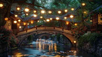 A bridge over a river with lanterns hanging from it