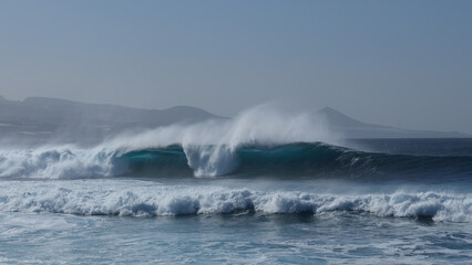Large breaking waves and ocean view in Las Palmas, Canary islands, Spain