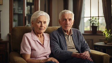 senior couple sitting at home, on sofa, realistic photography, photo, professional look, realistic lighting, day, - obrazy, fototapety, plakaty