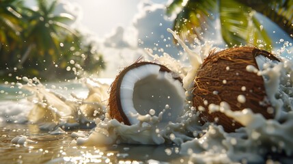 Two coconuts splashing into the water on a beach