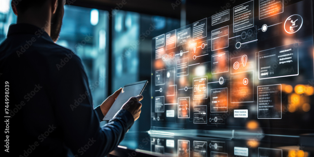 Poster focused professional completing tasks on a high-tech virtual checklist interface with transparent di