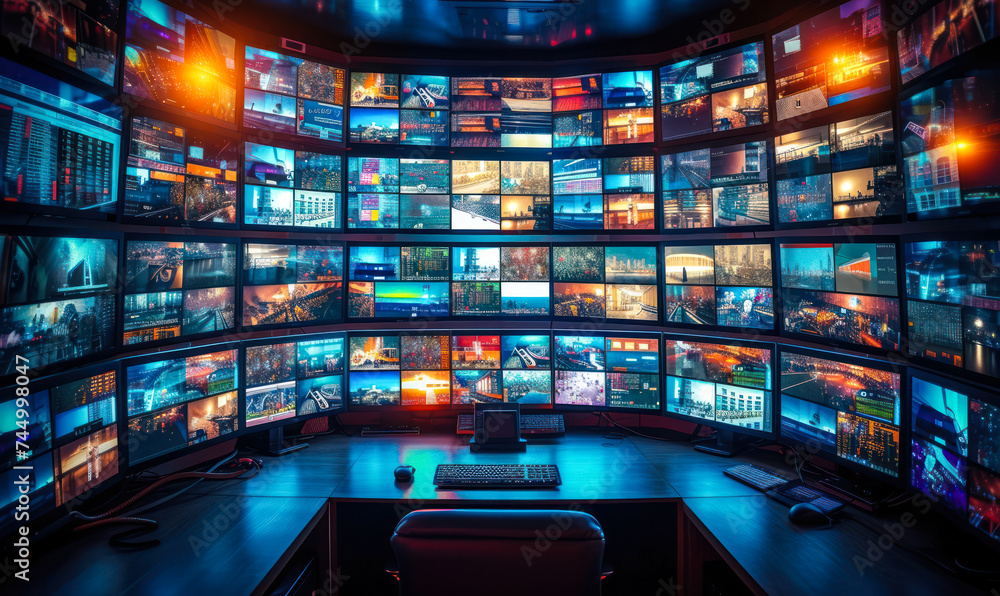 Aufkleber media broadcast control room with multiple screens displaying various content, representing surveill