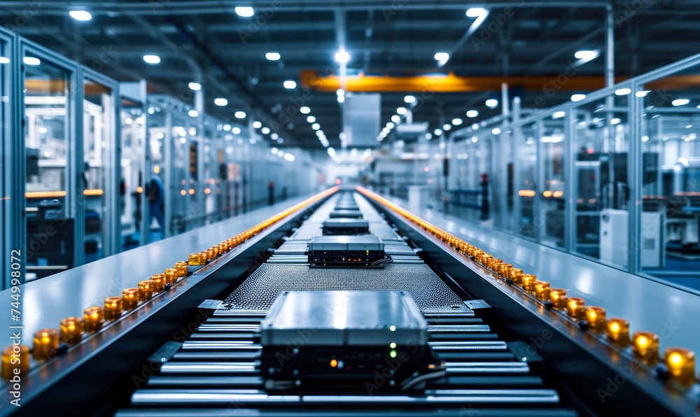 Poster modern automated production line in a factory with robotics and conveyor belt technology manufacturi