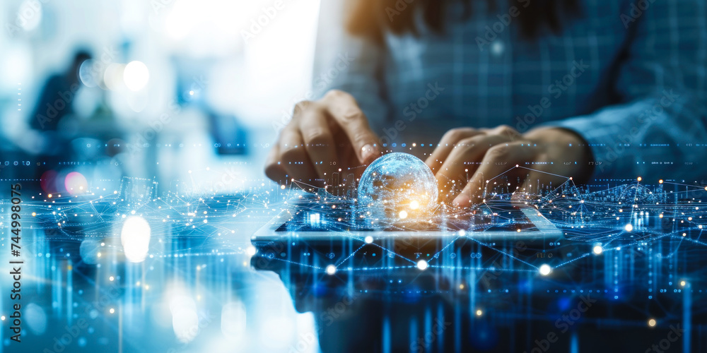 Poster Business professional analyzing global networks and data connections with a dynamic interface on a digital tablet in a modern corporate environment