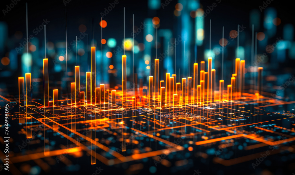 Poster futuristic financial chart with glowing neon lines on a dark background, symbolizing advanced stock 