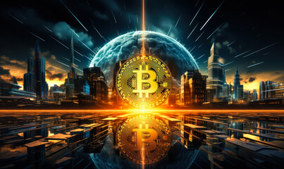 Vibrant Bitcoin symbol rising from a futuristic cityscape, representing the surge of cryptocurrency in digital economy and blockchain technology