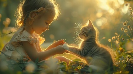 A little girl playing with a kitten in the grass - obrazy, fototapety, plakaty