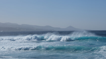 Large breaking waves and ocean view in Las Palmas, Canary islands, Spain