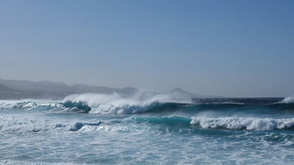 Large breaking waves and ocean view in Las Palmas, Canary islands, Spain