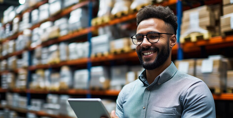 Smiling male warehouse manager using a digital tablet for inventory management in a modern storage facility, exemplifying efficient logistics and organization - obrazy, fototapety, plakaty