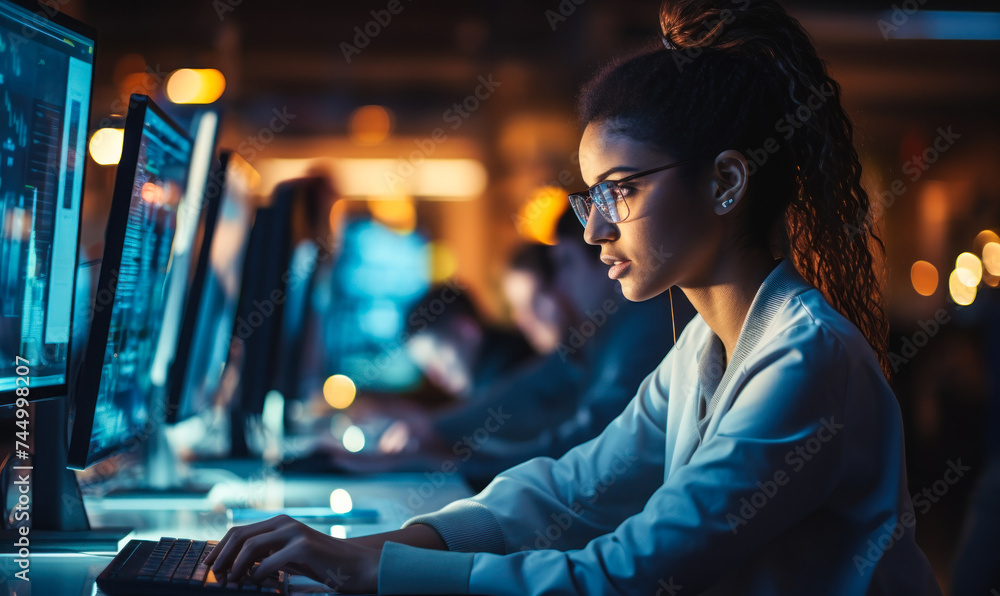 Poster focused female software developer working on computer in a busy office, writing code and solving com