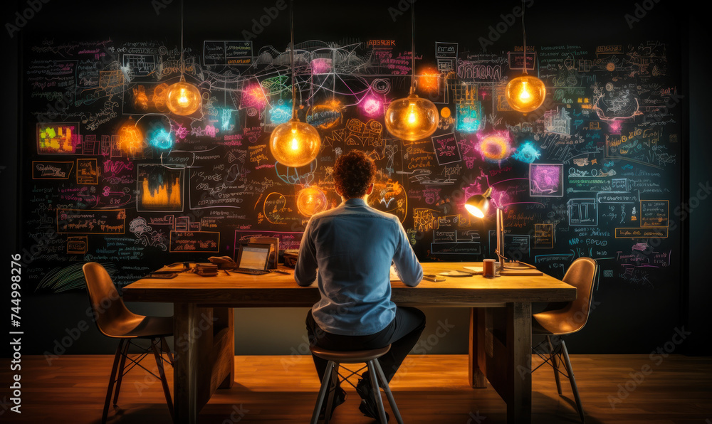 Poster focused individual brainstorming with colorful mind maps and complex formulas on a blackboard, in a 
