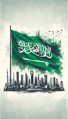 Saudi arabia flag day background in grunge style with large saudi flag and towers and skyscrapers.