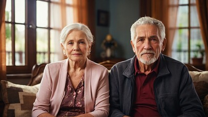 senior couple sitting at home, on sofa, realistic photography, photo, professional look, realistic lighting, day,
