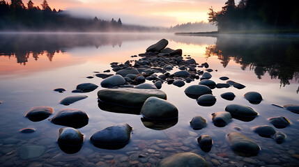 Show me a picture of stones covered in morning dew near a tranquil lake.
