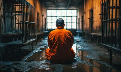 Incarcerated person in orange jumpsuit sitting alone in a bleak prison cell, gazing out of the barred window, evoking themes of confinement and introspection - obrazy, fototapety, plakaty