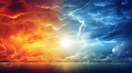 Thunderstorm Lightning Dark Stormy Sky. Red, Yellow, Blue Dramatic Sky Glowing Background Depicting Various Weather Conditions. Bright Sun, Sunset, Night, and Weather Forecast Concept