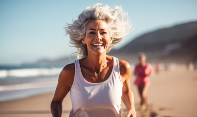 Joyful senior woman with white hair running on the beach, embodying active aging and wellness with...