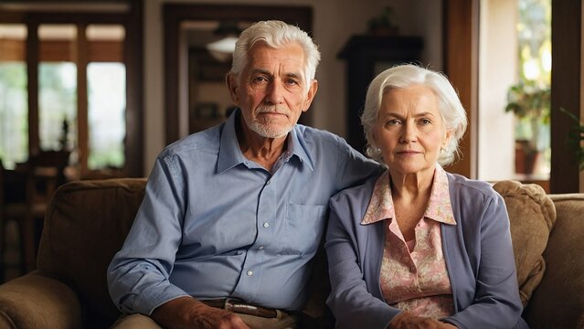 senior couple sitting at home, on sofa, realistic photography, photo, professional look, realistic lighting, day,