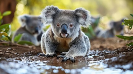 delightful image of playful koalas enjoying a mud pool, showcasing their fluffy ears and adorable clingy postures - obrazy, fototapety, plakaty