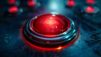 Red button on a futuristic background. Press and start