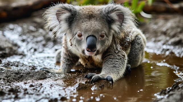 delightful image of playful koalas enjoying a mud pool, showcasing their fluffy ears and adorable clingy postures